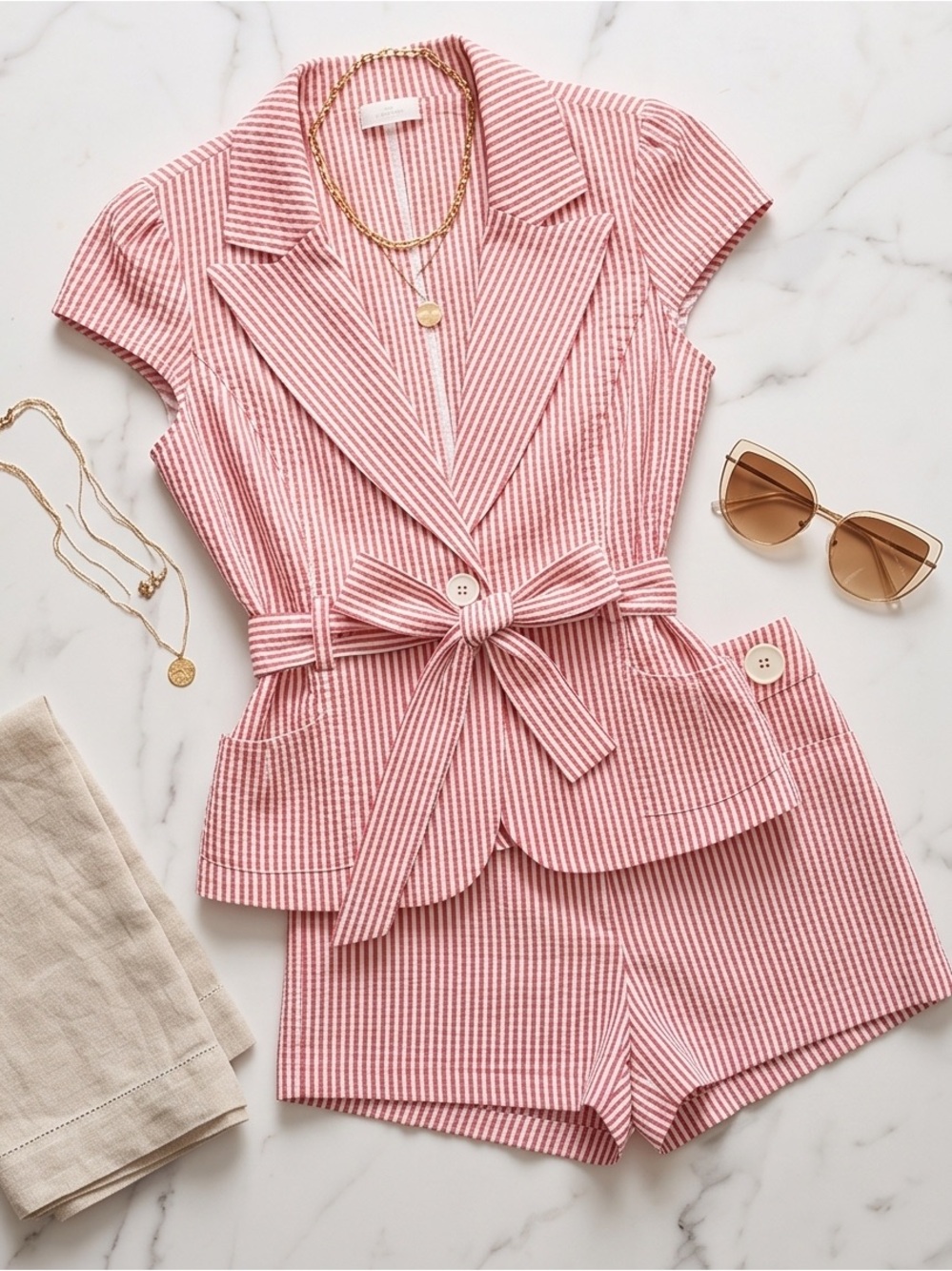 Aqua Red White Seersucker Short Suit